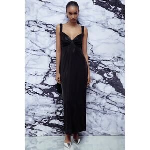 NWT - ZARA Long V-neck Black Maxi Dress with Gatherings and Wide Straps Size: M